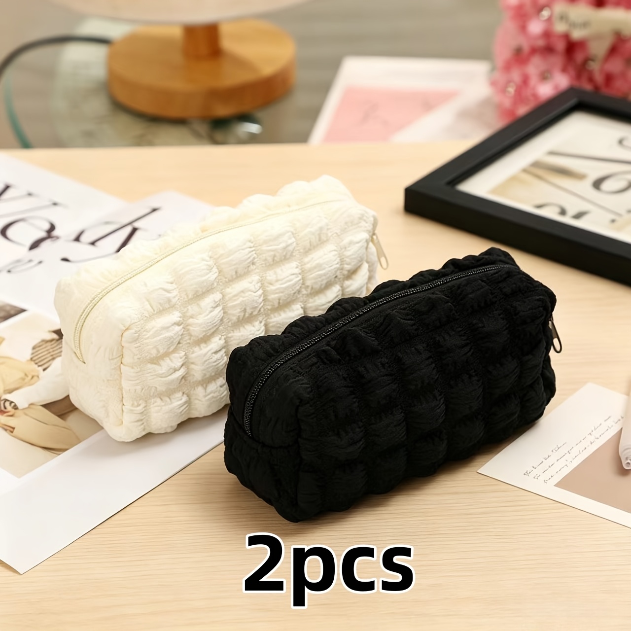 TEMU Astuccio a quadri , custodia a forma di cuore, borsa portaoggetti, , color crema, colori solidi, borsa per cancelleria, trousse da trucco