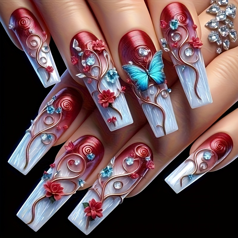TEMU 24pcs Faux Ongles Carrés Longs, Dégradé Rouge, Ongles à , Patch d'Ongles Brillants, Faux Ongles Détachables