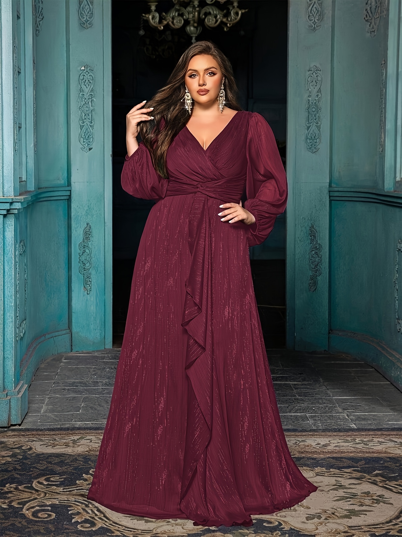 plus size plus size wine red v neck gown long sleeve waist - Temu Mauritius