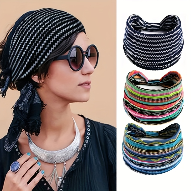 TEMU 3pcs Women's Printed Wide-brim Headbands For Sports, Yoga, And Running - Sweat-absorbent Knotted Elastic Hair Additions, Bohemian Style Easy And