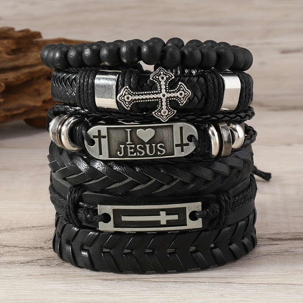 's Christmas Easter Pu Wristband 6pcs Set, Vintage Punk Style Hand-woven Bangle Bangle Bracelet