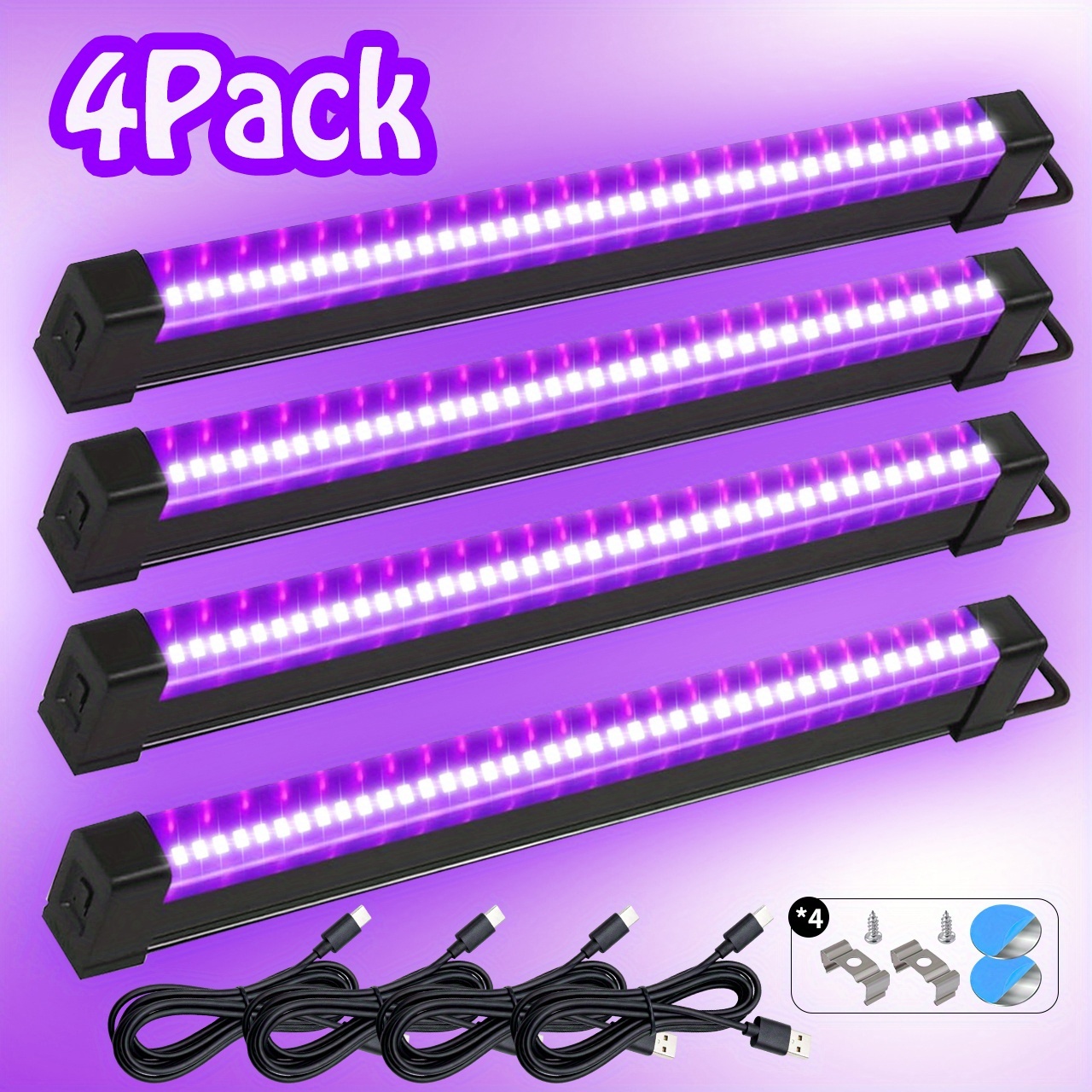 TEMU Set mit 2-4 Schwarzlichtleisten mit 40 LEDs bei 395Nm, ausgestattet mit einem USB-Stecker und Schalter sowie einem 150cm/59Zoll-Netzkabel. Ideal