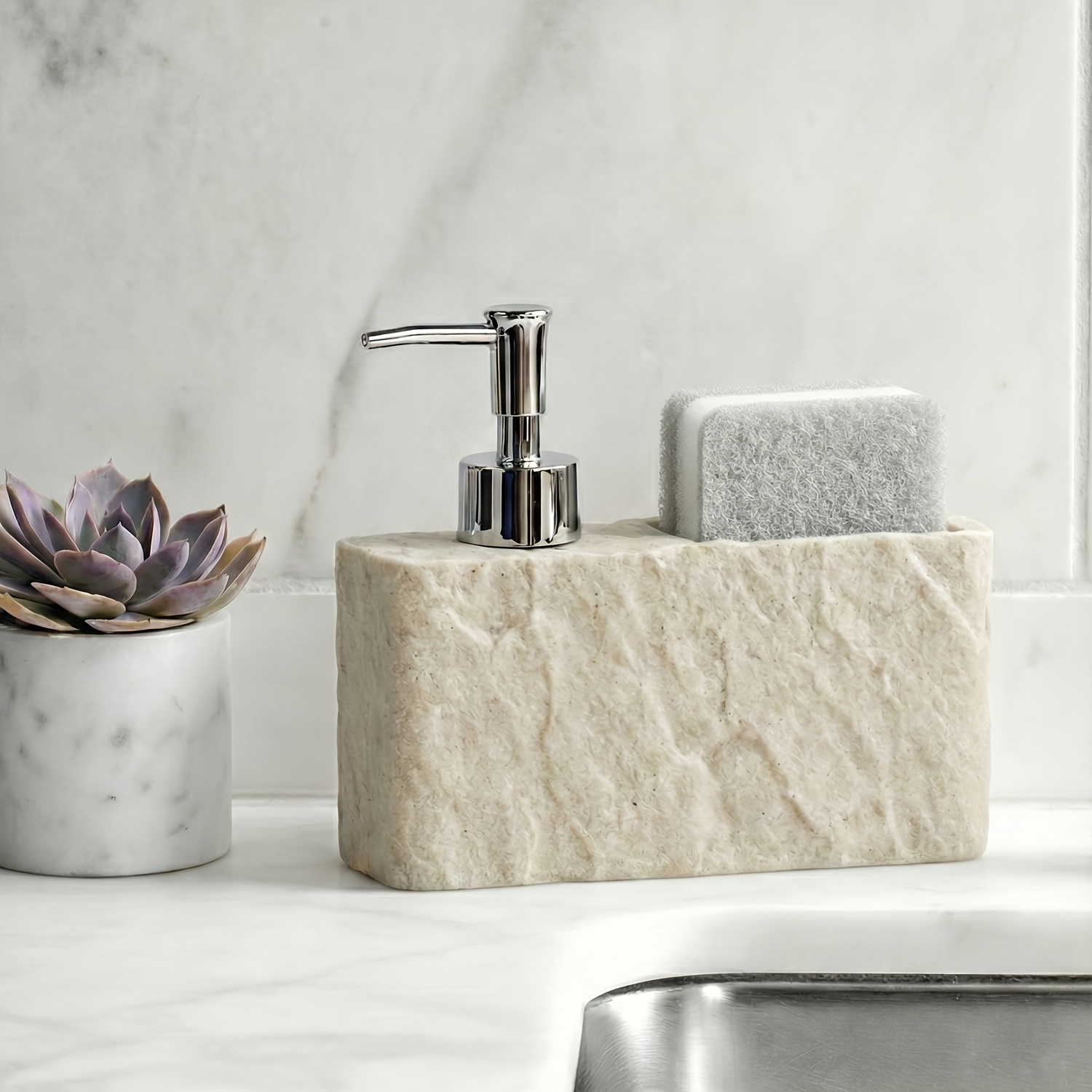 Kitchen Soap Dispenser with Sponge Holder, 2-in-1 Resin Stone Texture Dish Soap Pump and Caddy Organizer for Kitchen Sink Countertop
