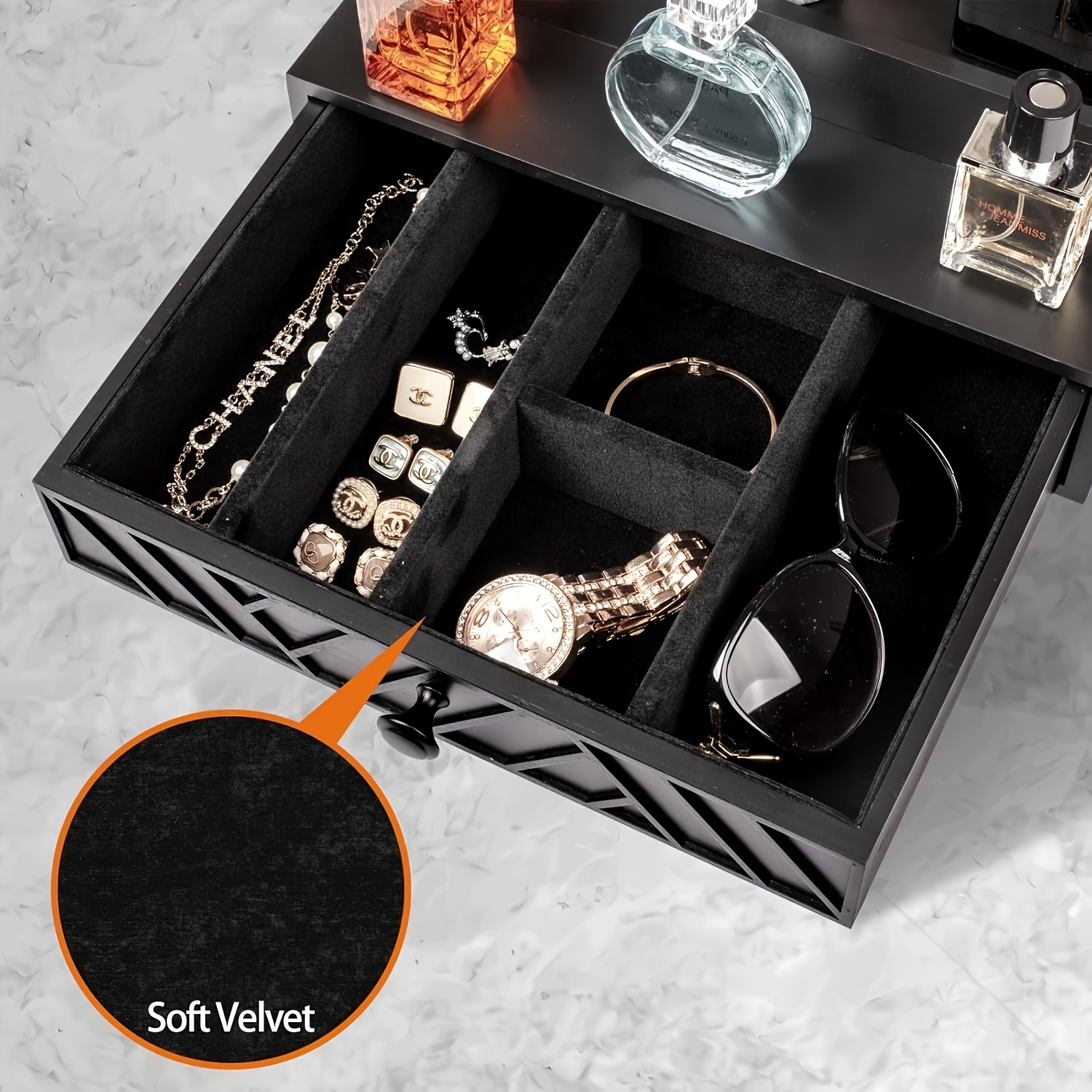   5-tier solid wood cologne storage rack with hidden drawers & soft velvet-lined interior -   vanity organizer with decorative patterns,   display stand for perfume, skincare, jewelry & accessories - space-saving bathroom & bedroom storage, contemporary dresser organizer,  , jewelry boxe, jewelry organizer storage, jewelry box for women Product details 2