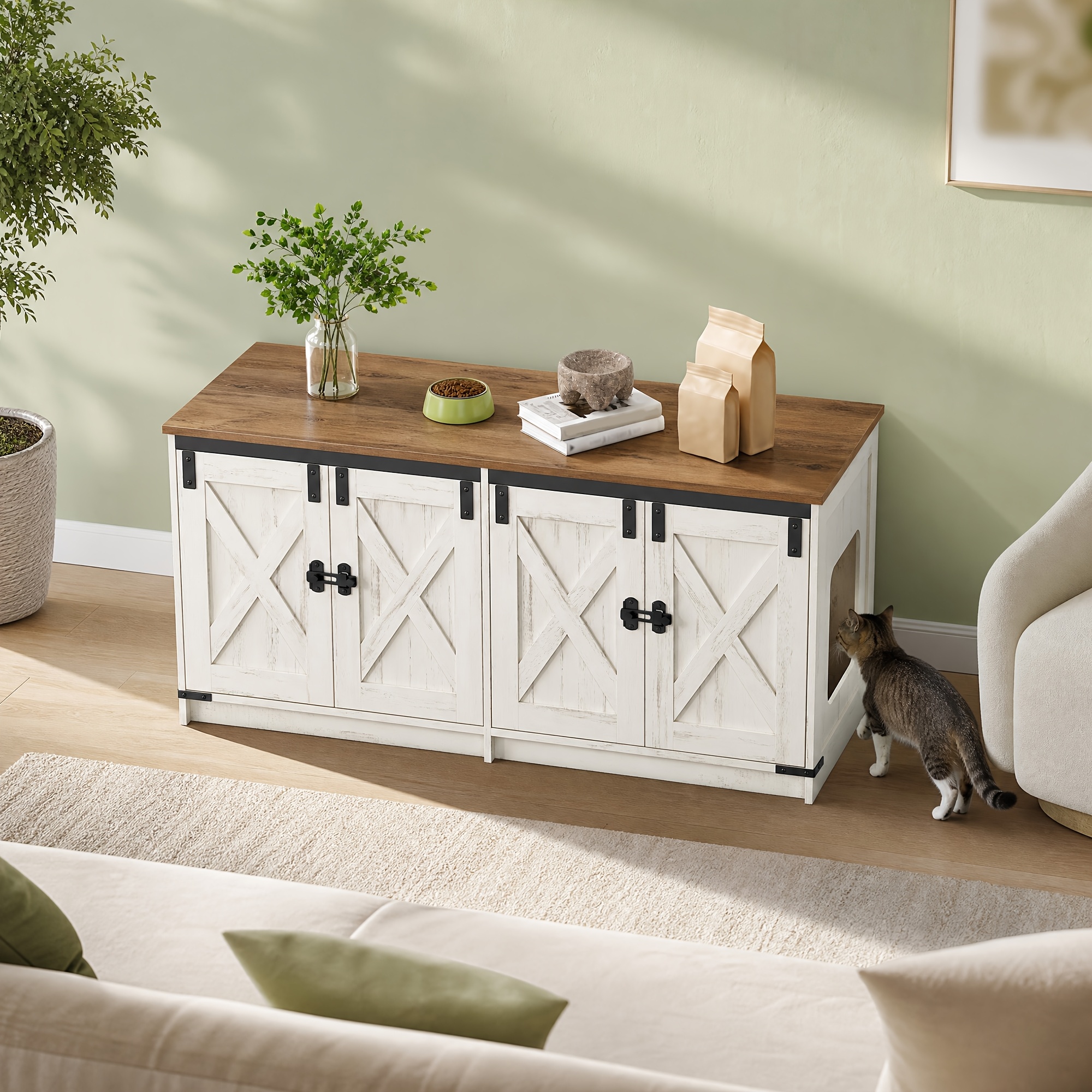 Image of This Farmhouse-style Double-cat Concealed Litter Box Furniture Combines A Cat House/side Cabinet With 2 Separate Spaces, Making It Suitable For Multi-cat Households