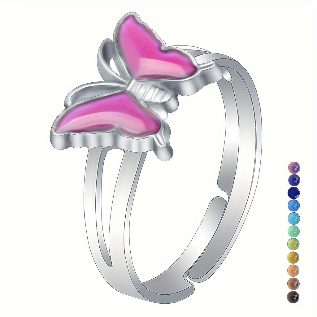 

1pc, Color Changing Mood Ring, Butterfly Design, Fashion Cute Sweet Style, Adjustable Temperature Sensitive Colorful Butterfly Ring For Women