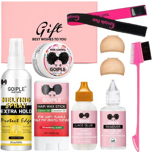 valentines gift box wig accessory essentials kit lace front wig remover set with wig caps elastic band hair wax stick edge control all in one wig installation tools for womens hair styling salon grade wig care