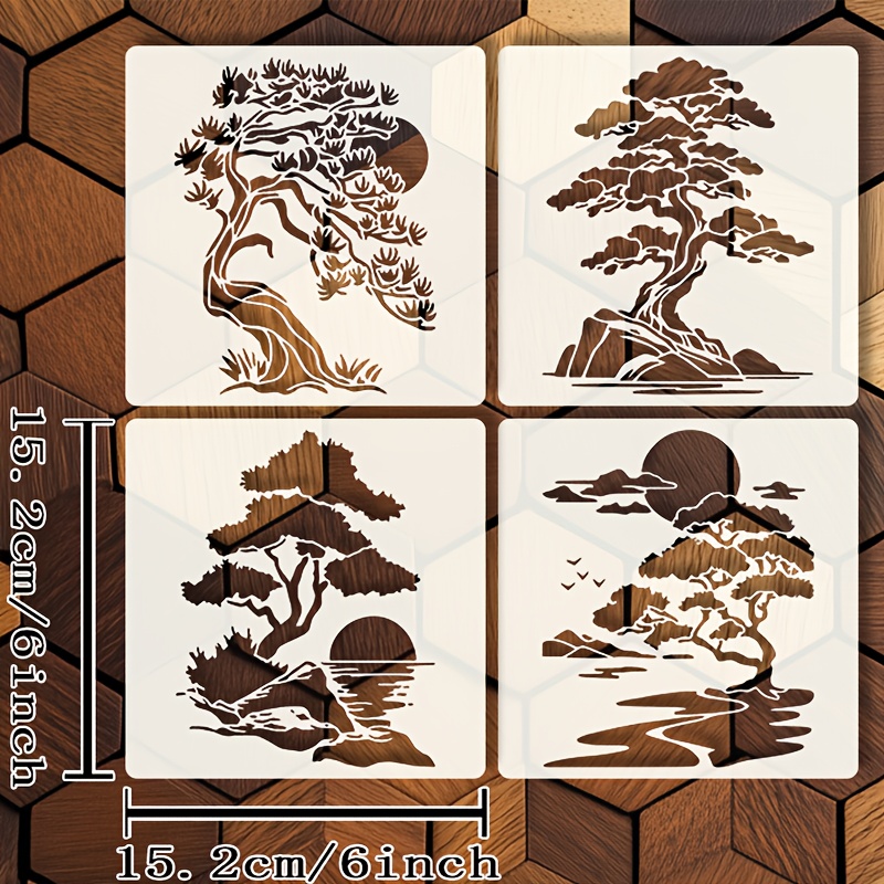 Image of 4pcs Zen Pine Tree Stencgars Compatible For Platforms | 6x6” Mountain & Water Templates | Cutout Board For Diy Wood, Canvas, Fabric, Wall Decoration With Pine Silhouette