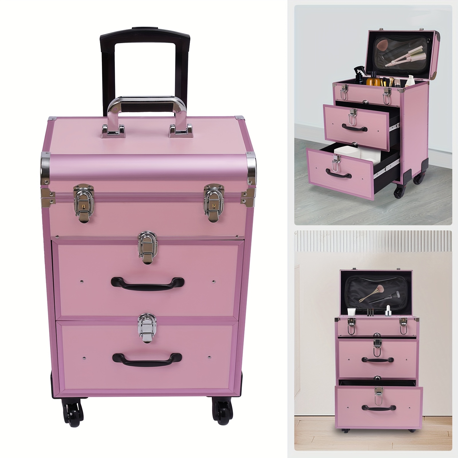 

Rolling Makeup Train Case Cosmetic Trolley Aluminum Makeup Storage Organizer Pink