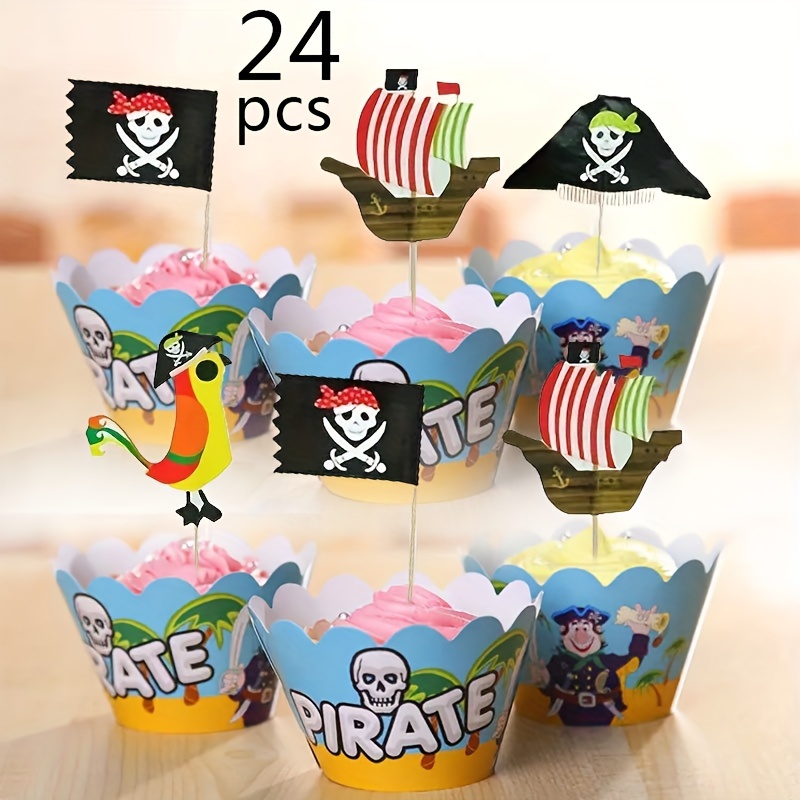 Image of 24pcs, Creative Pirate Theme Cupcake Toppers, Halloween Party Birthday Party Cupcake Decorating Supplies, Home Baking Supplies, Dessert Ice Cream Pizza Cake Gourmet Decorations
