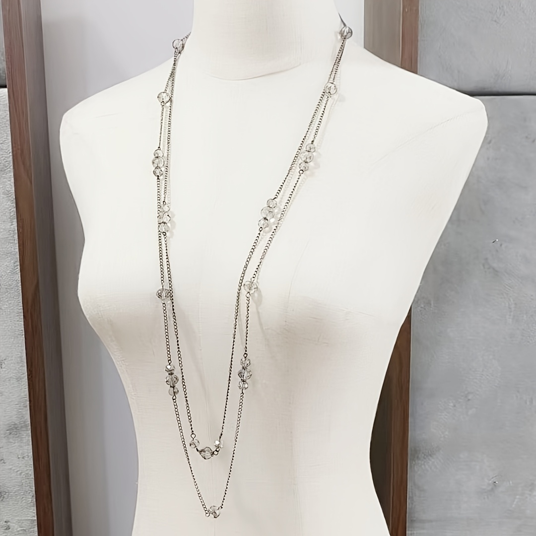 TEMU 1pc Of European And Temperament Versatile Metal Chain Glass Bead Link Sweater Chain Long Necklace Retro Elegant Romantic Sweet Cool Bohemian