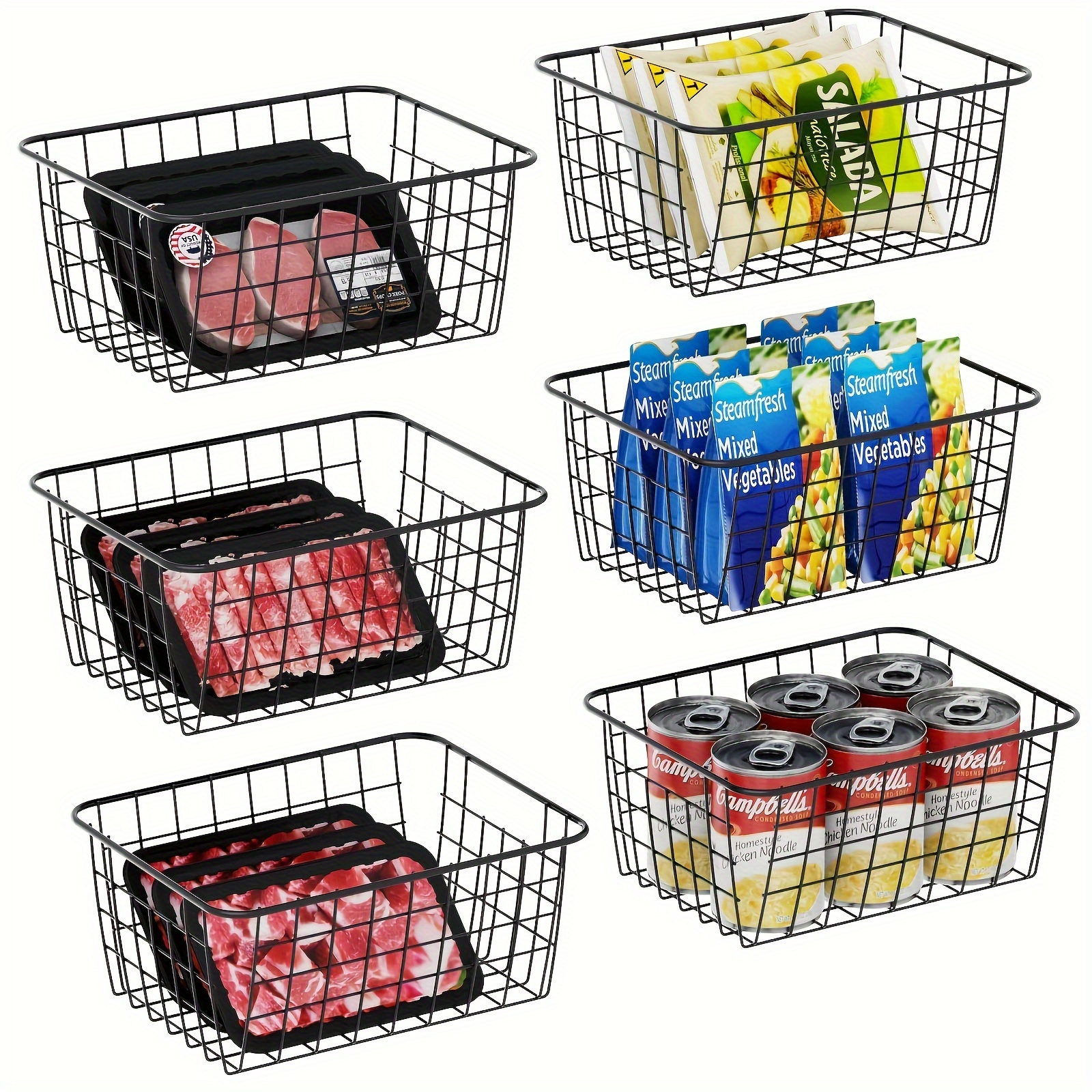 

6pcs Set Black Metal Wire Storage Baskets - Versatile Organizer For Kitchen Snacks, Desk