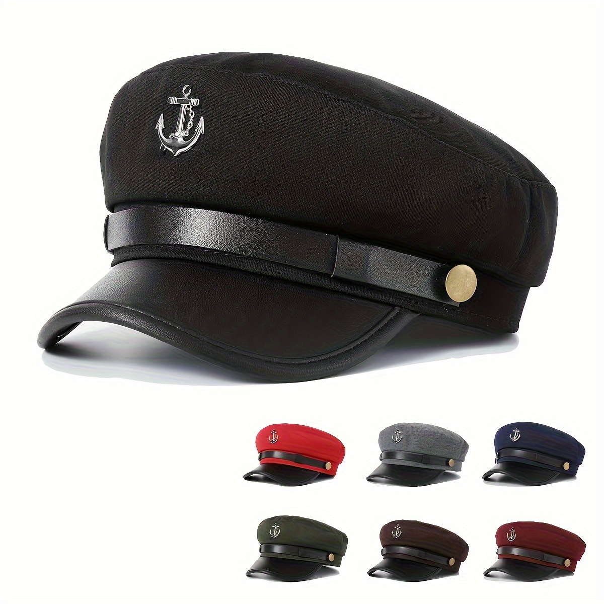 

Nautical Style Women's Pu Leather Cap With Anchor Charm And Leather Strap - Perfect For Valentine's Day Or Any Casual Occasion