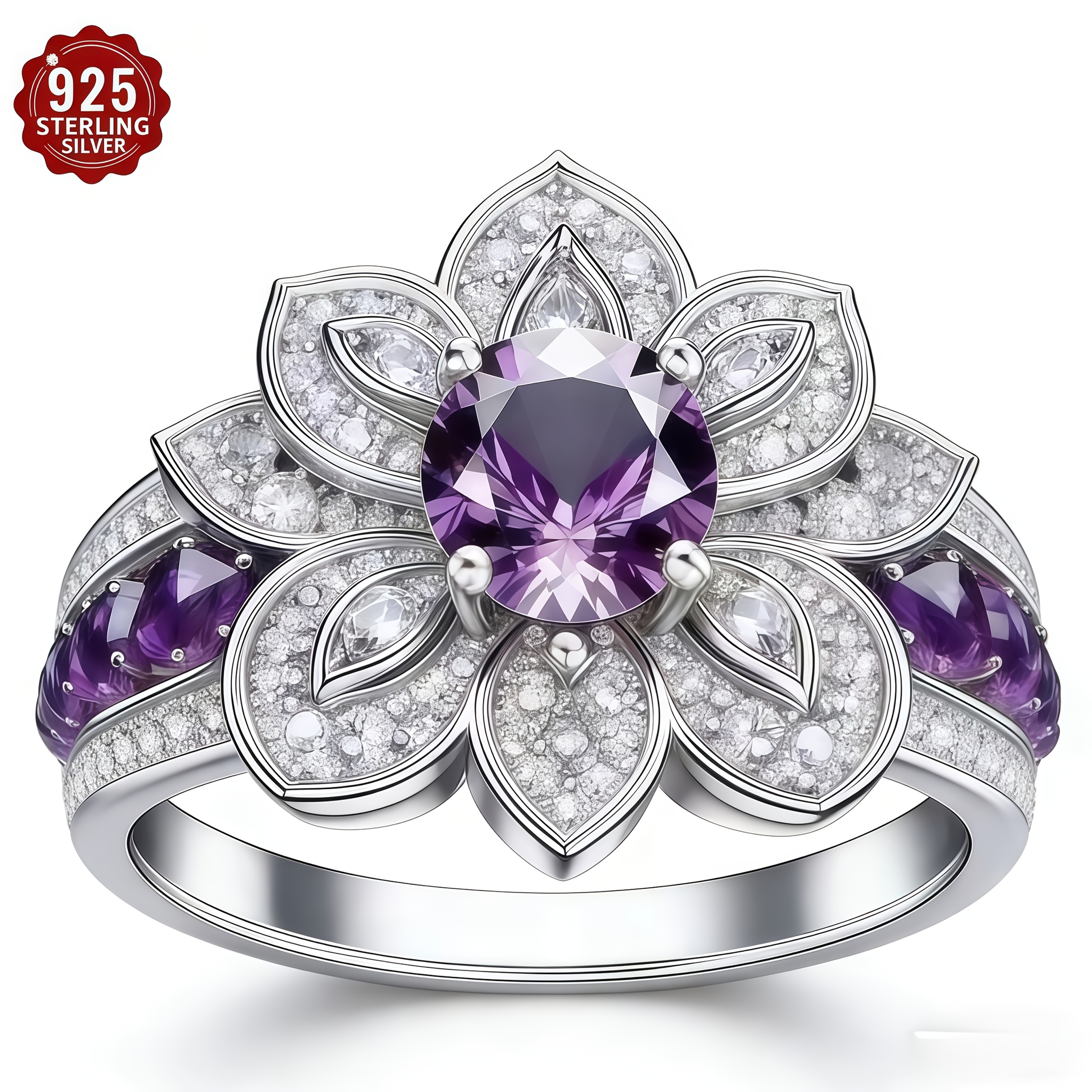 TEMU Bague en Argent 925 avec Améthyste et Incrustation de Moissanite de Fleur de Lotus - Idéale pour , les Fêtes et les Vacances