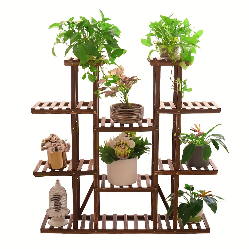 TEMU Étagère à Plantes en Bois 11 Niveaux Grande Capacité, Organisateur de Pots de Fleurs Carbonisés, Étagère Haute pour Intérieur Extérieur, Patio,