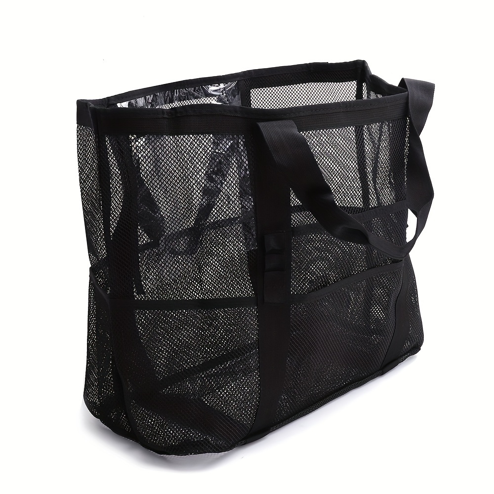 extra large mesh beach tote bag durable wash bag with zipper and 9 pockets foldable lightweight bag ideal for beach toys and vacation essentials suitable for family use