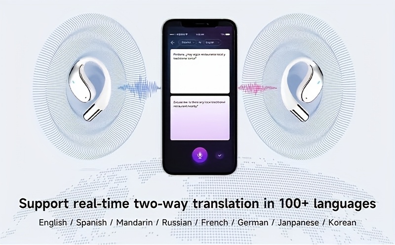 ai translation headset bone conducting wireless headset real time translation in 144 languages 6 mics intelligent noise cancellation real time translation of meeting notes touch control       running and exercise business music and phone calls details 1