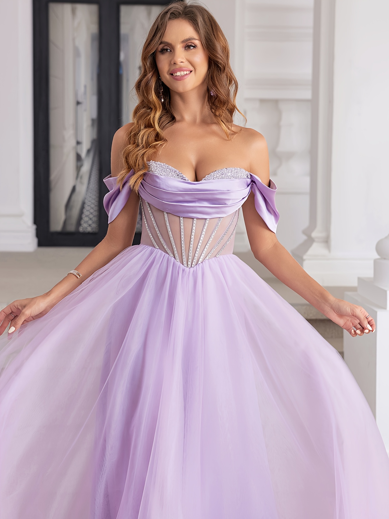 shoulder prom dresses long bodice sheer top - Temu