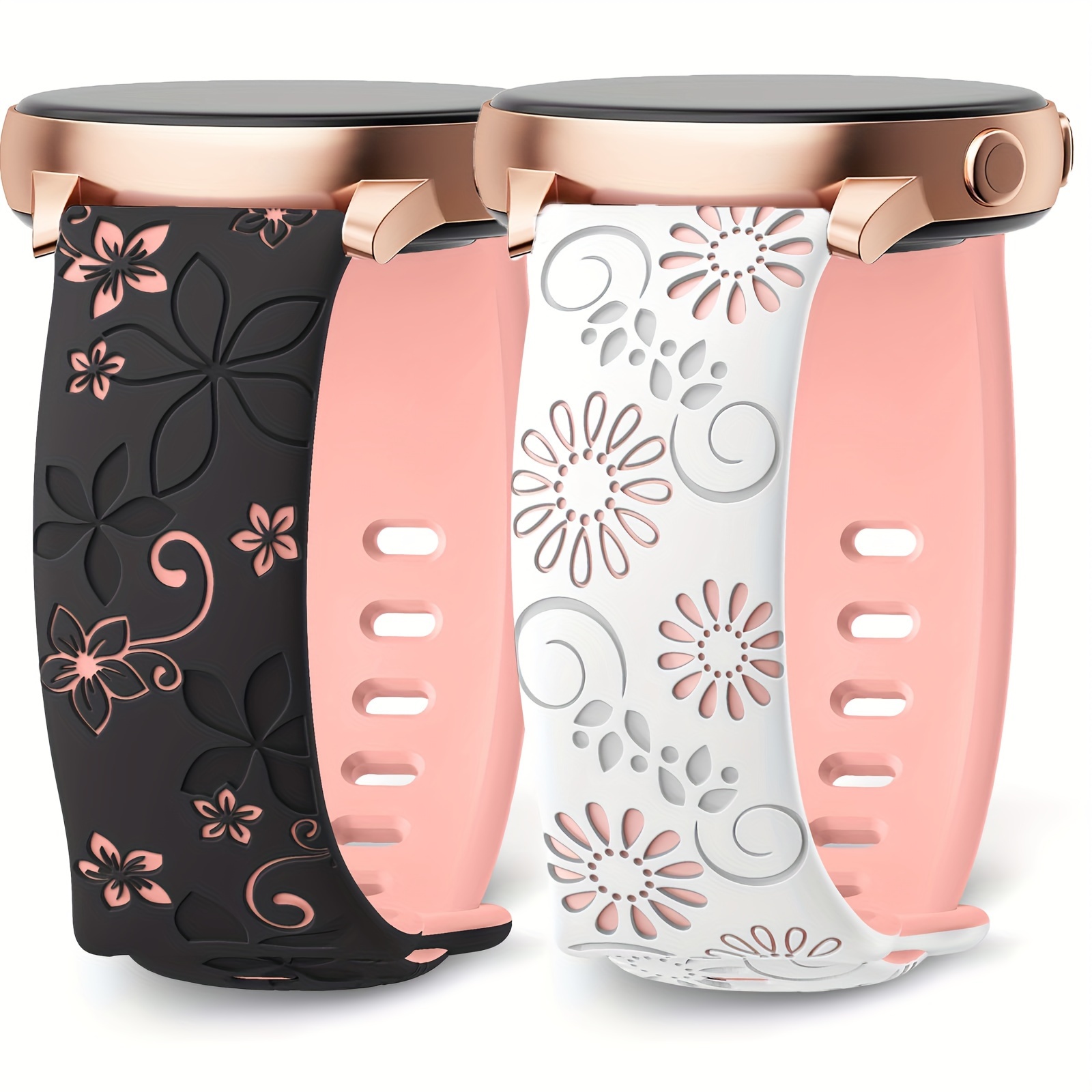 

Floral Engraved Watch Strap For Samsung /5/4, Classic/active 2, - 20mm Soft Silicone, Female Design, Butterfly Clasp, No Battery Included