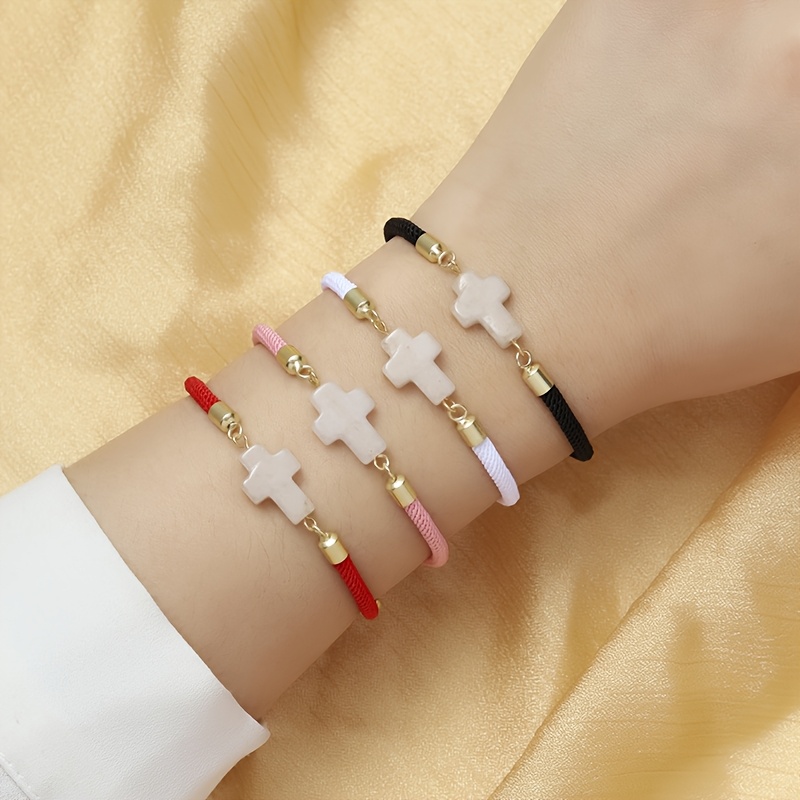 Women's Natural White Marble Cross Bracelet, Adjustable