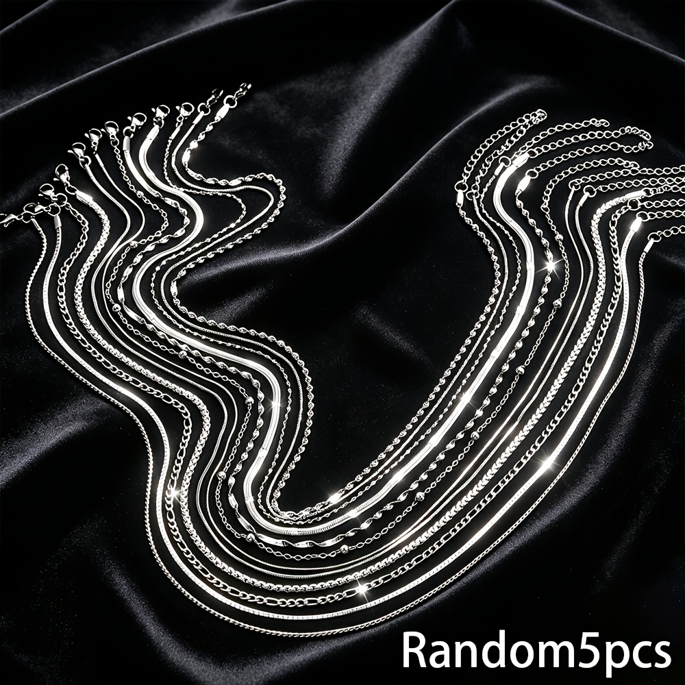 TEMU 5pcs Random Titanium Steel Necklace Fashion Chain Men And Women Chain 45+5 Cm
