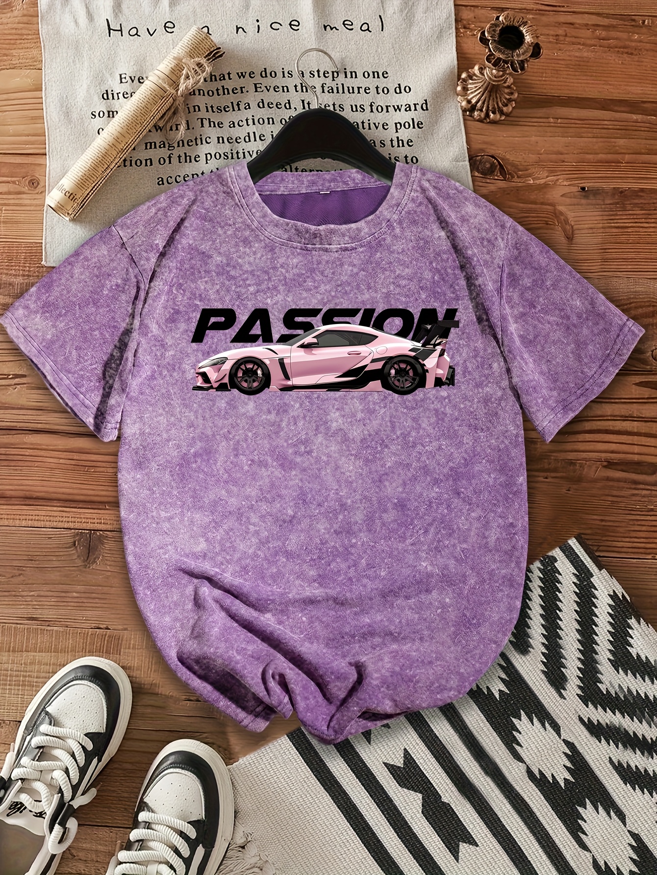 Women's Vintage Washed Pink Racing Car Graphic T-Shirt Soft Pink Retro  Sports Design with &*;Passion&*; Text, Short Sleeve Round Neck Casual  Top,