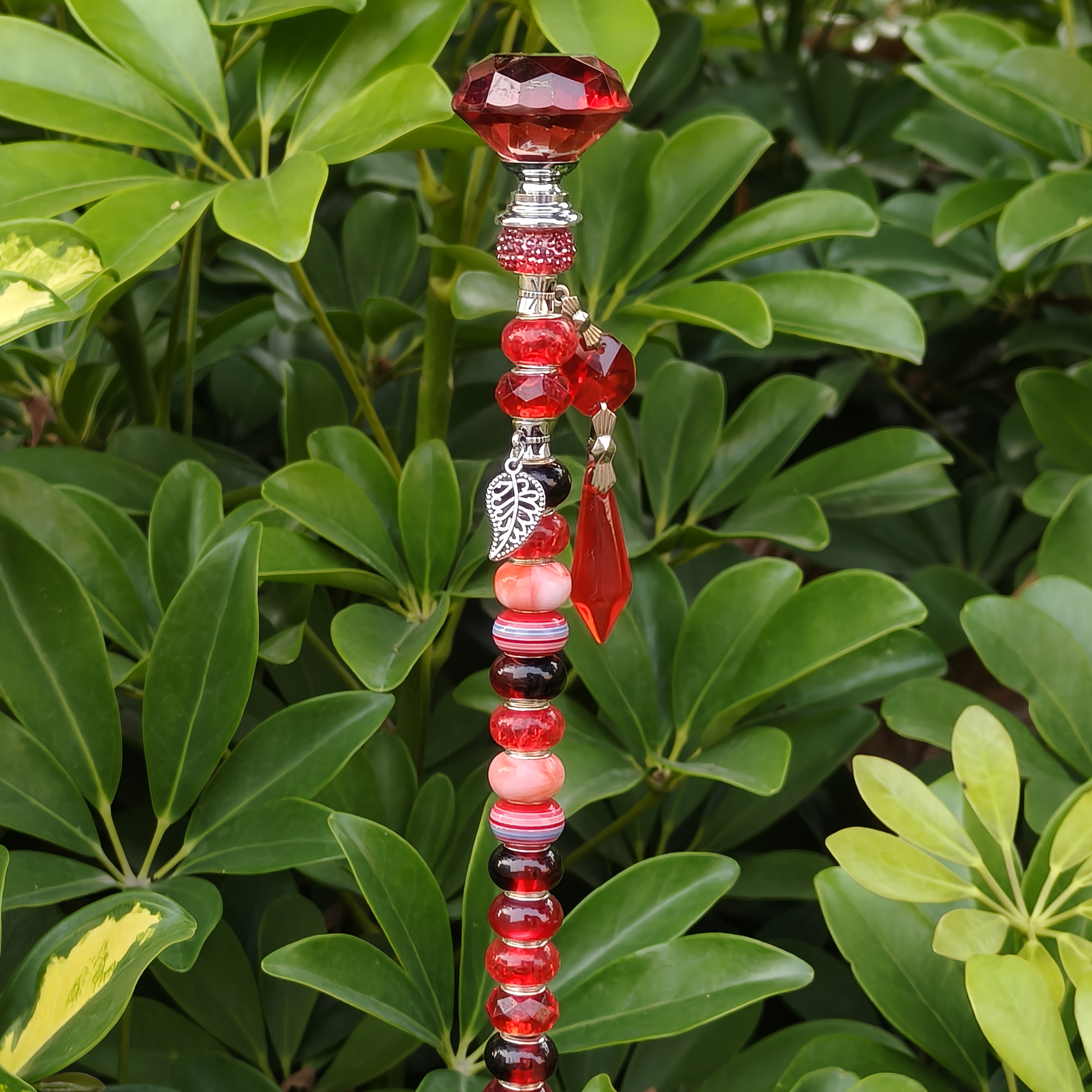 Image of [3d] Diy Stake With Mixed Color Beads, Includes 18 Small Beads, 1 Crystal Pendant, 1 Random Style Charm, Colorful Pot Stake, Sparkling Golden Plants, , Beautiful Spring And Summer Garden Decorations
