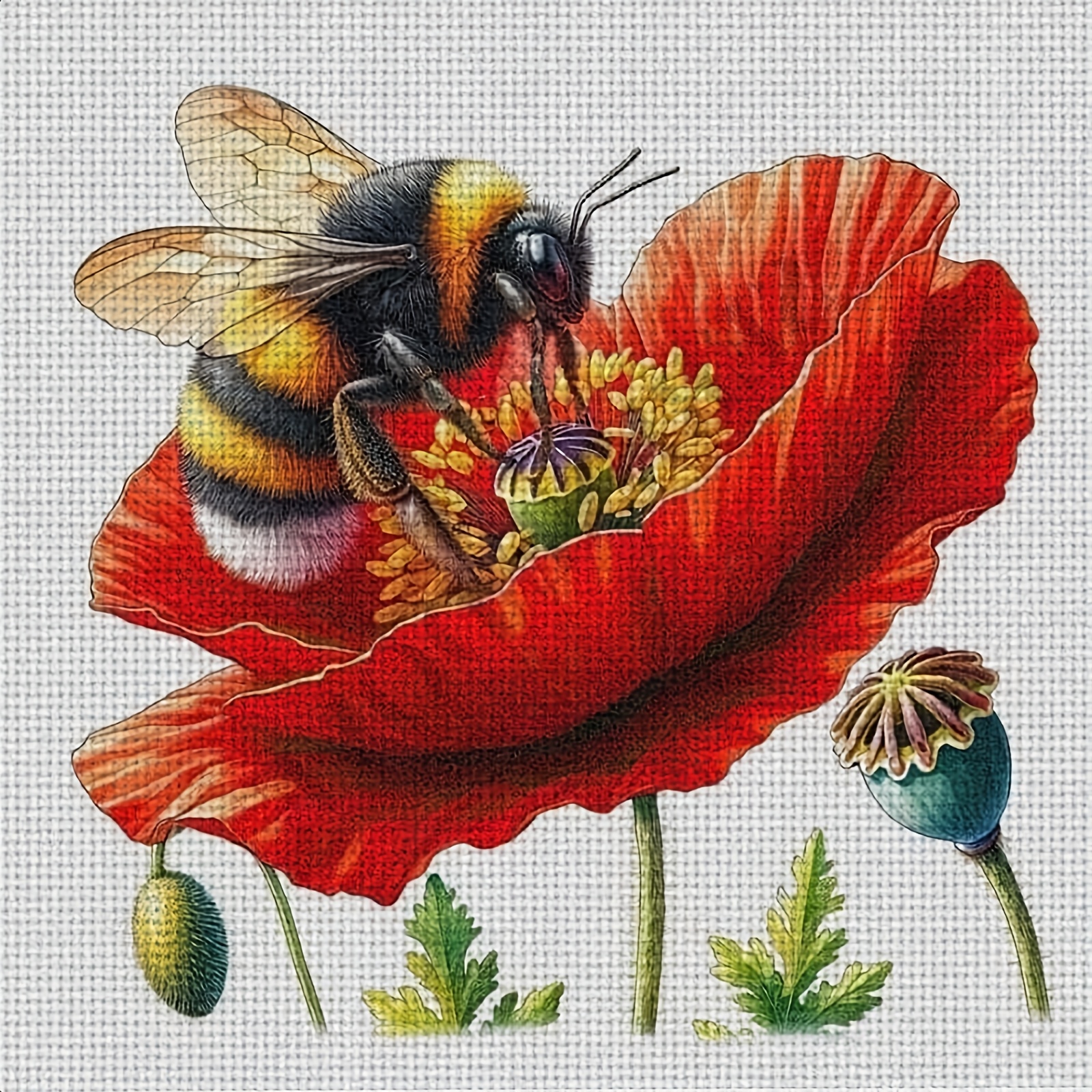 TEMU A New Unframed 11ct/14ct Printed Fabric Cross- Kit 'bees Collecting Honey Red Poppy', Suitable For Adults And Beginners To Hand Embroidery. It