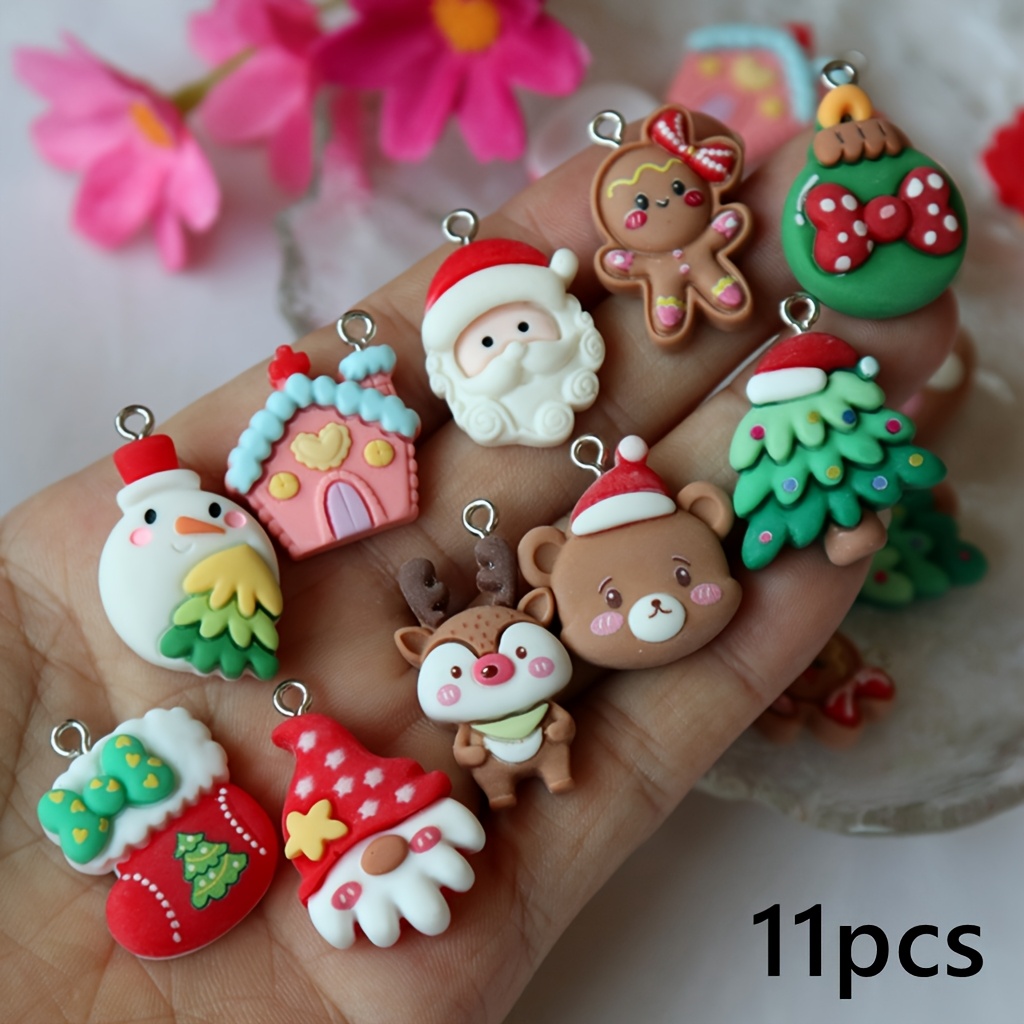 11 Adorable Santa Claus, Christmas Tree, And Bear Resin Pendants With Metal Rings - Holiday Decorations, Jewelry Additions, And Craft Supplies For Festive And Gifts