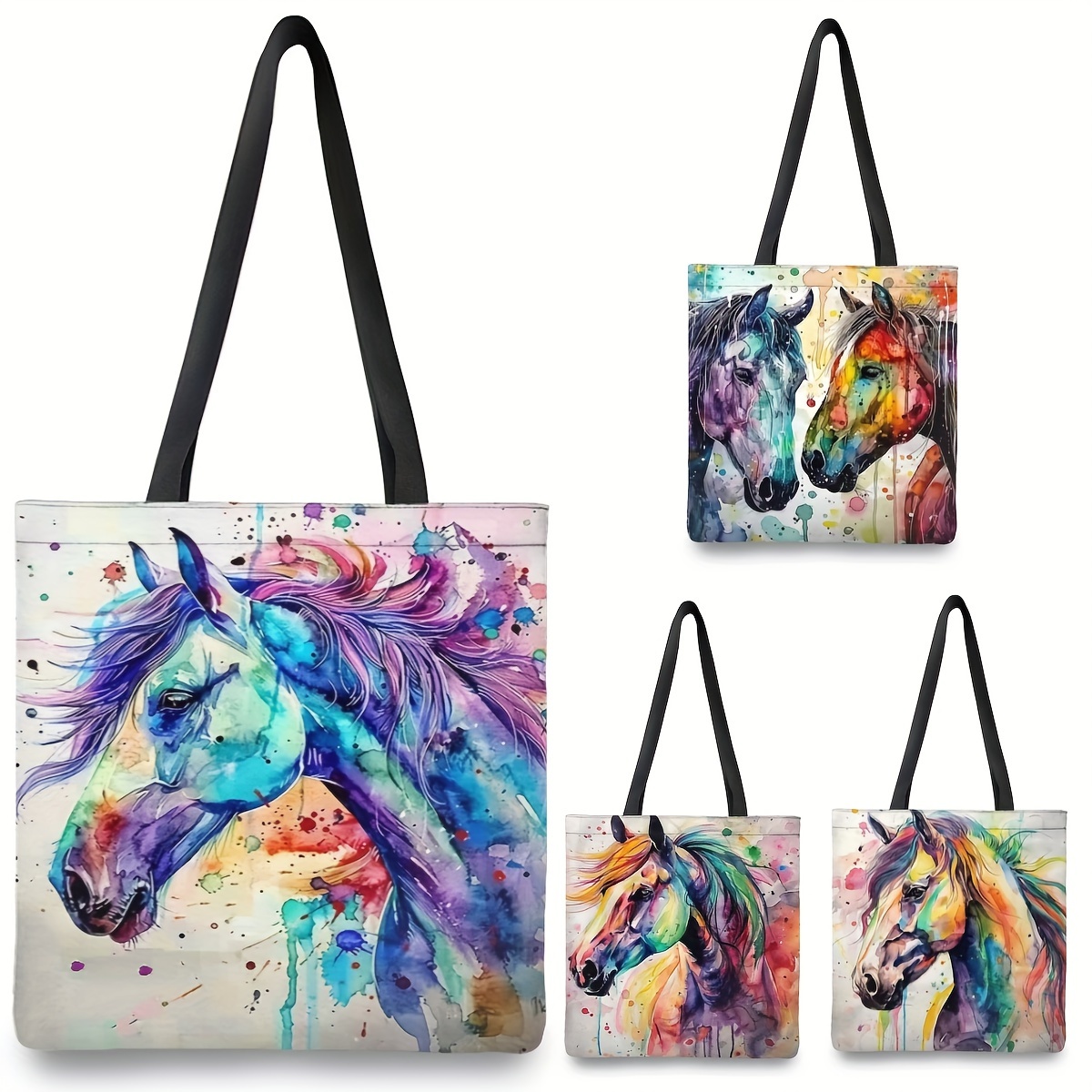 

Watercolor Horse Print Tote Bag: Women's Casual Handbag For Work, School, Shopping, And Travel - 15.74x 13.74 In