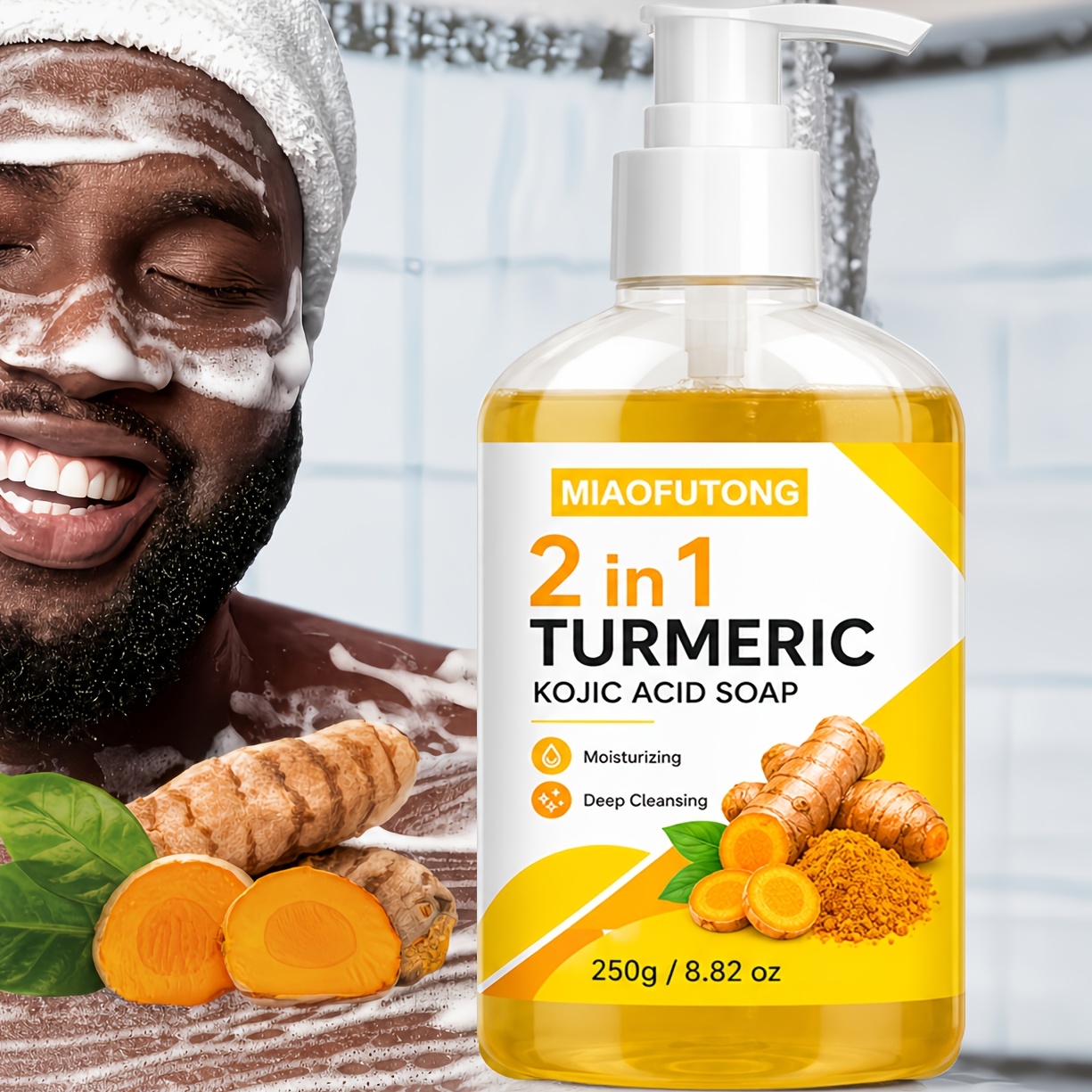 Upgraded 2in 1 Turmeric & Kojic Acid Liquid Soap 250g, Deep Cleansing, Rich Foam, Hydrating & Smoothing Skin With Fresh Long-lasting Fragrance