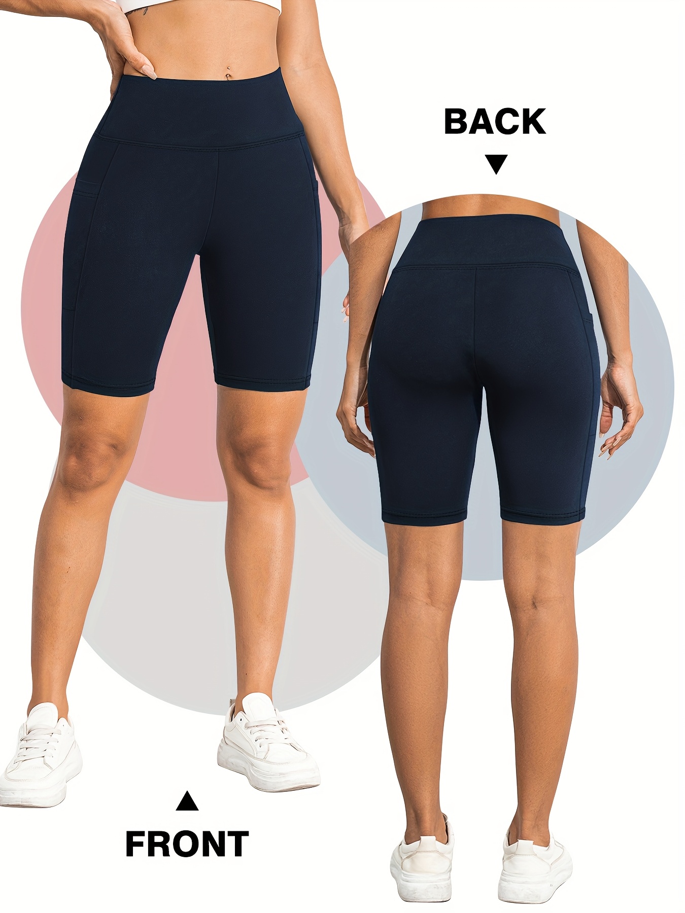 A person showing the front and back of a women's workout shorts with pockets sold by 100 Spartans