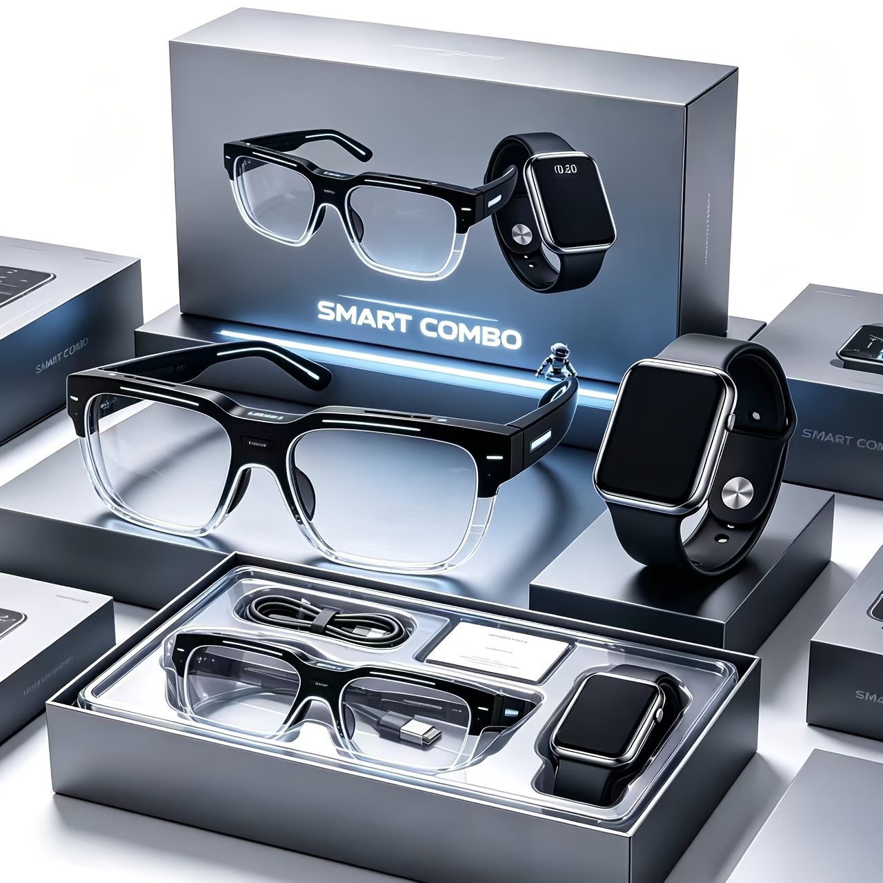 TEMU [new Product Launch] Ai Smart Translation Glasses And Smart Touch Watch Set Multi-functional Cutting- Conference Interpretation Real-time