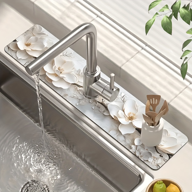 E-shop ., Elegante und minimalistische weiße Blumen--Eisen-Wasserhahnmatte, Abflussmatte, Geschirrtrocknungsmatte, Tischmatte, geeignet für Küche und
