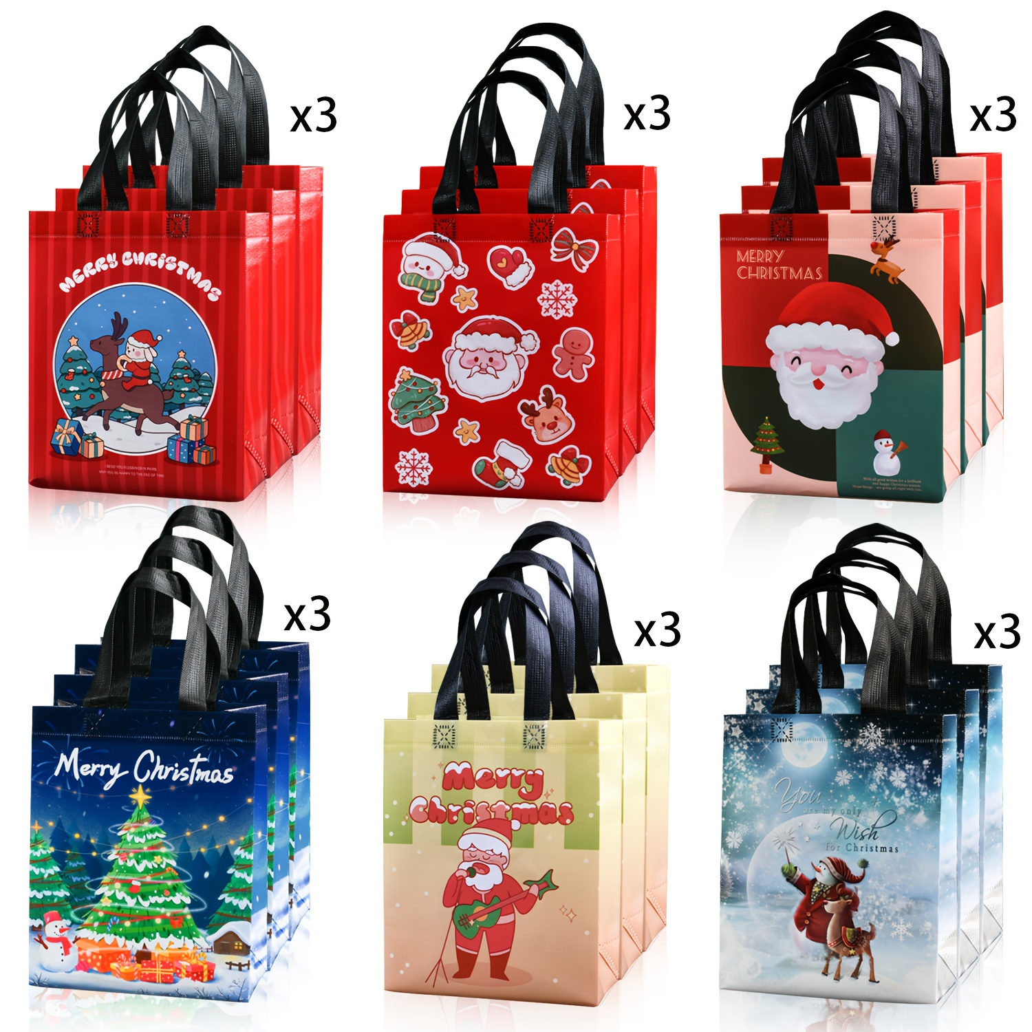 item picture 18 christmas gift bags in   designs measuring 25cm x 20cm x 10cm featuring handles reusable non woven fabric christmas shopping bags     gift wrapping and suitable for festive gift packaging tote bags