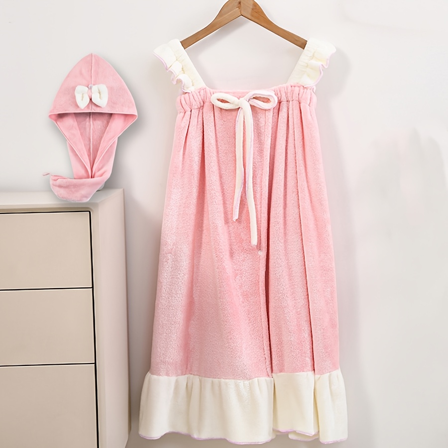 TEMU 2pcs, Robe polyvalente et bonnet de bain de nœud. Fibre épaisse Nano-Laine douce et très absorbante, séchage rapide, robe de bain polyvalente