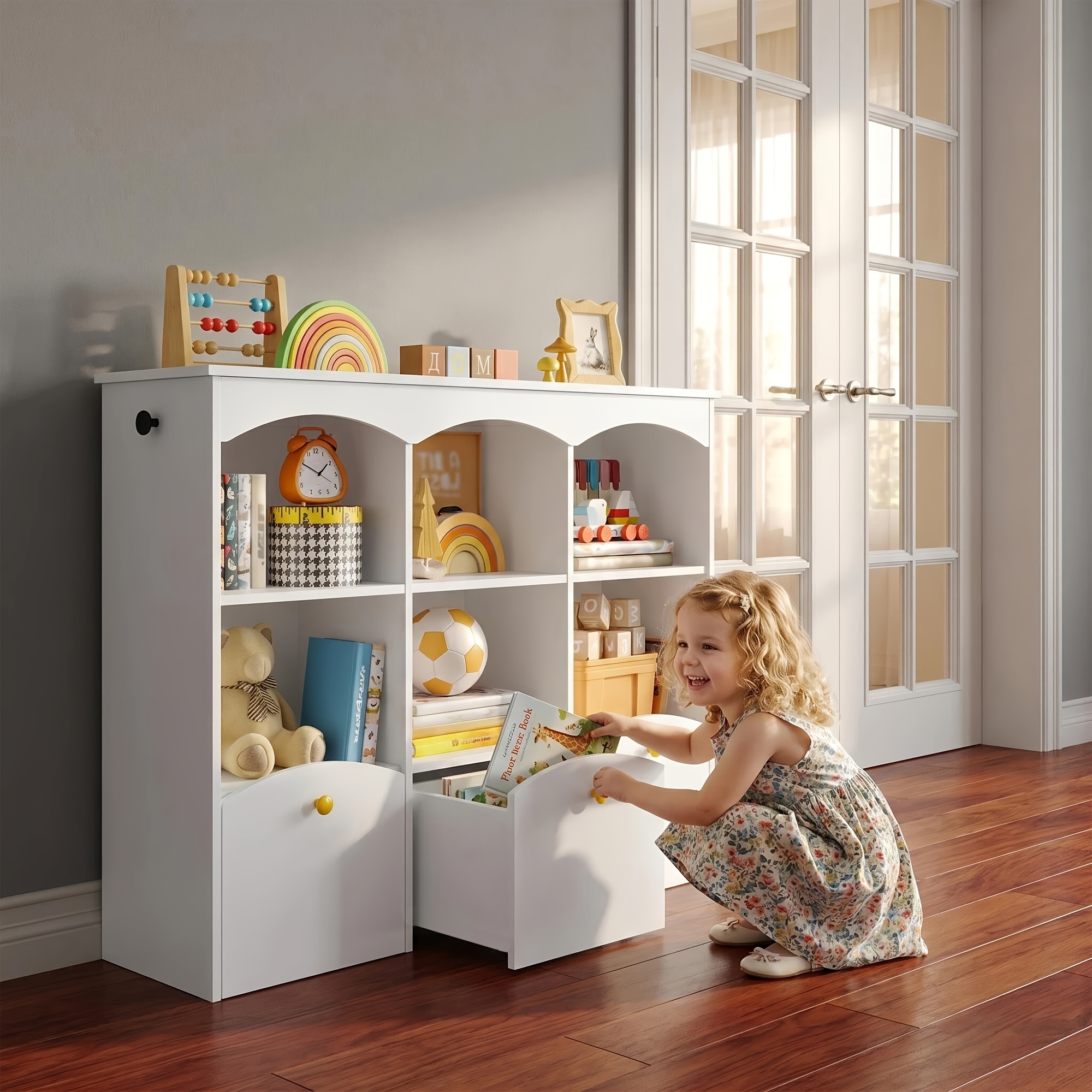 Image of 80.3cm High Tiered Storage Bookshelf, 30.3cm Deep, 103.3cm Wide-width Wheels, Drawers, Anti-pinch Curved Edges, Side Hooks, Anti-tipping Design. Ideal For Room And Organizers