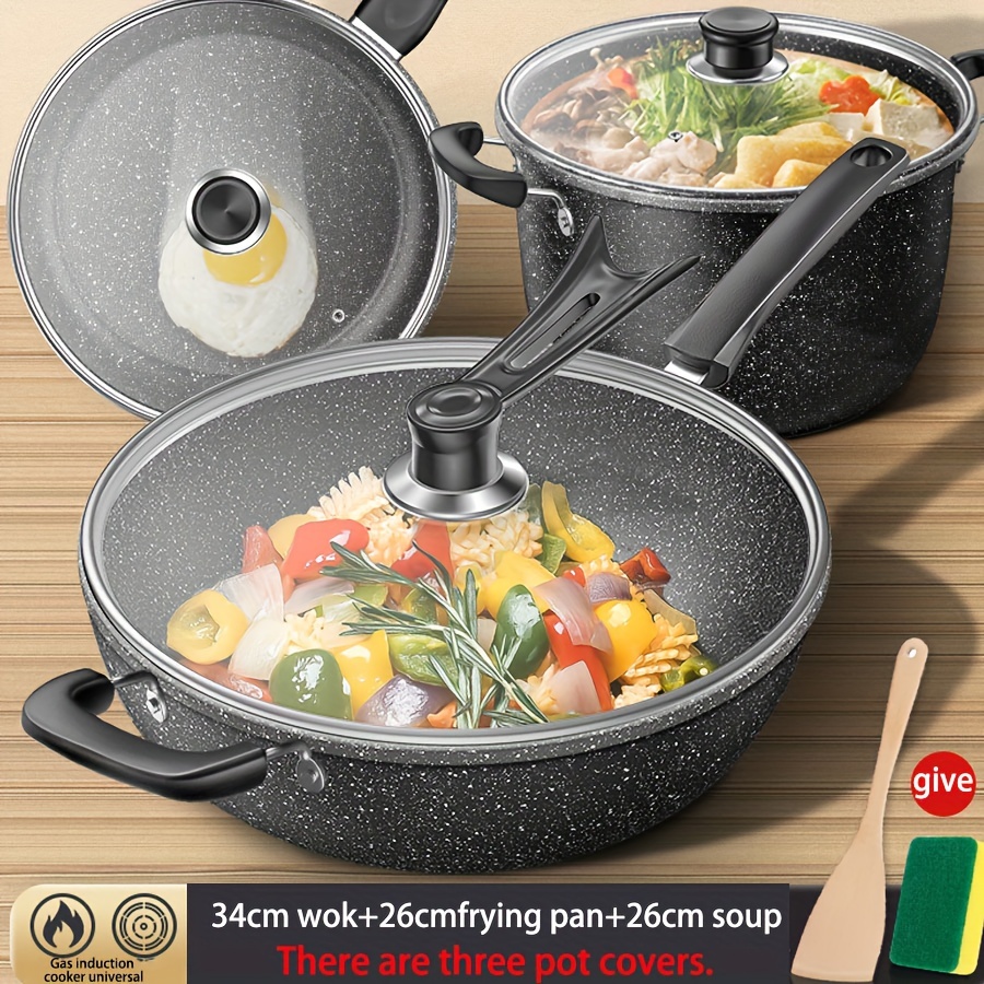 3pcs non stick   set with lids   soup frying wok pans for versatile kitchen use details 4