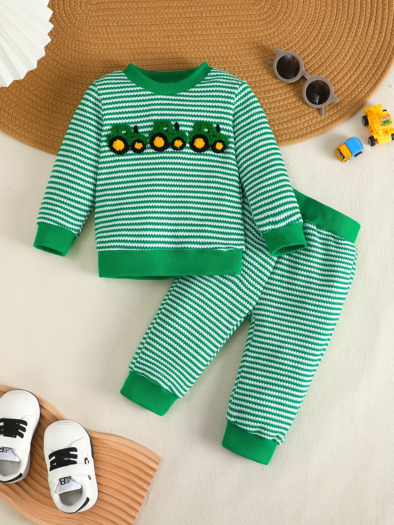 adorable girls long sleeve striped outfit with cute tractor embroidery perfect casual playwear for little girls   for your     outdoor