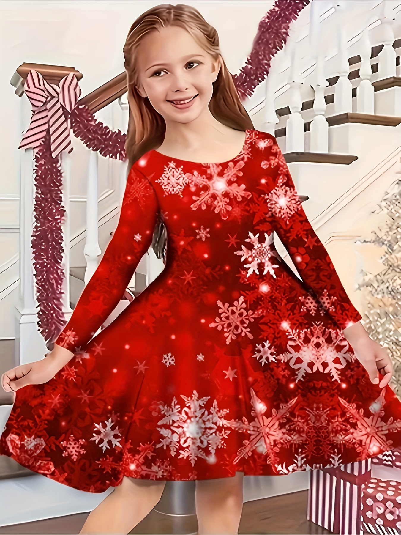 Girls' Christmas Dress Snowman Casual Knee-Length Skirt, Long Sleeve Round  Neck Cute Dress for Autumn/Winter 2-13 Years Old, Wine Red