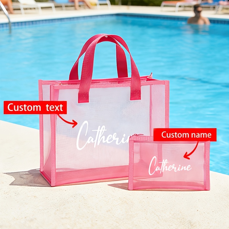 TEMU Ensemble combiné de 2 sacs fourre-tout roses personnalisés, sac fourre-tout en personnalisé avec nom/ et sac de rangement, sac à cosmétiques de