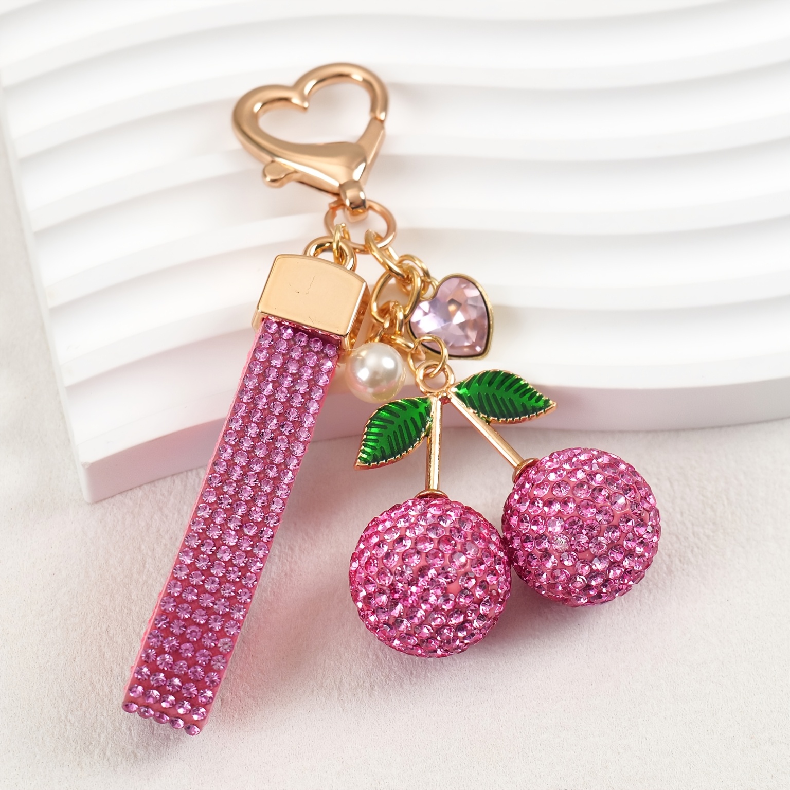 TEMU Llavero de con diamantes de /rosa y correa de diamantes de rojos, con cristal de /rosa e de perlas, adorno lindo para bolso de , mochila de