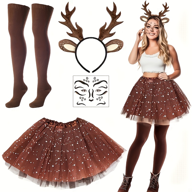 TEMU 4pcs Adult Women's Costume Accessory Set, Reindeer-themed Outfit, Perfect For Christmas And Halloween Parties, , And Role-playing Props