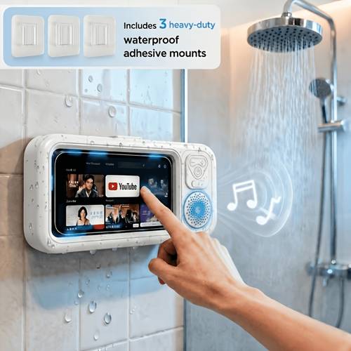 shower phone holder with wireless bluetooth speaker phone case for bathroom mirror and bathtub rotation retractable wall mounted phones holder