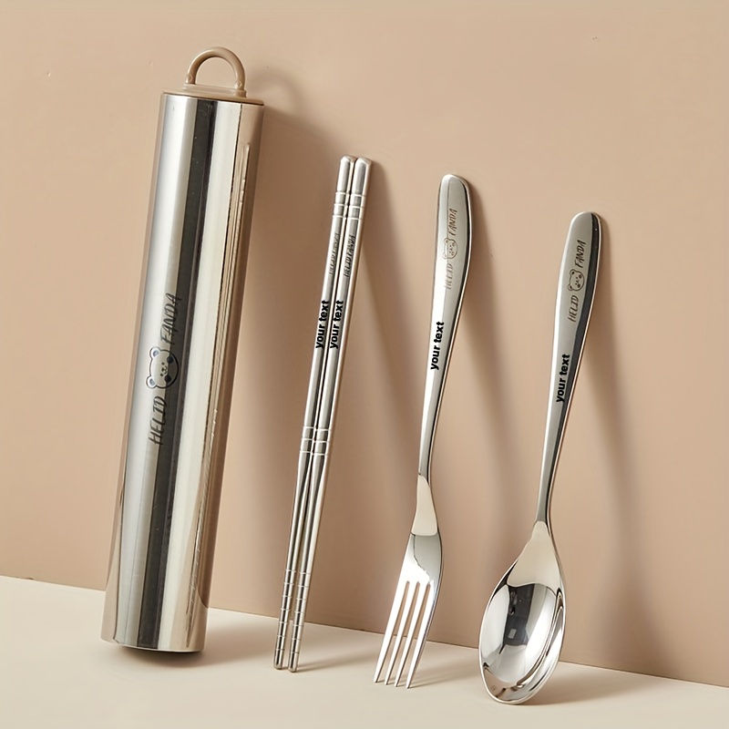 TEMU Personalized Customization, Ins Cylinder Stainless Steel 304 Portable Tableware Set, Spoon Fork Chopstick 3 Piece Set, Personalized Pull-,