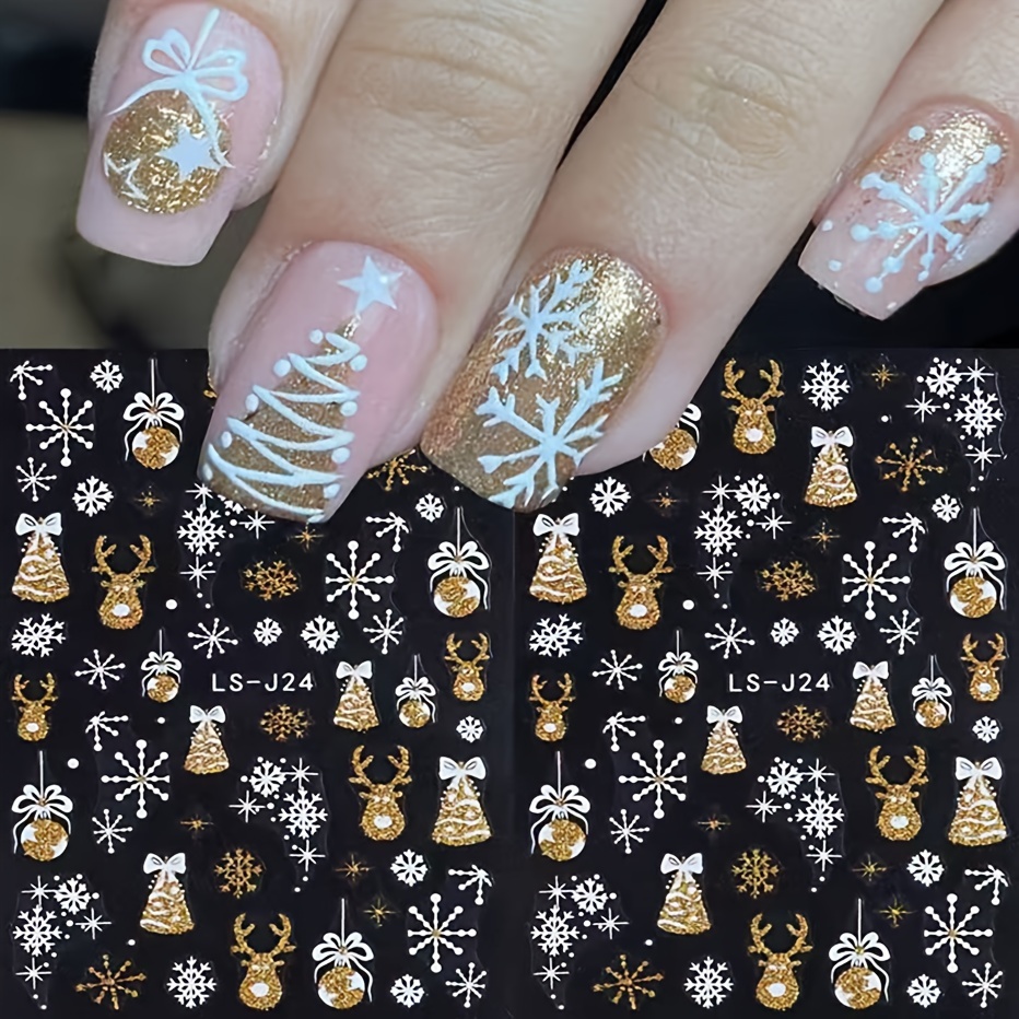 

Christmas Nail Art Stickers Decals 2-pack, 3d Self-adhesive Golden Snowflakes, Bells, - Plastic Shimmery Manicure Decals With Reflective For Nail Decor