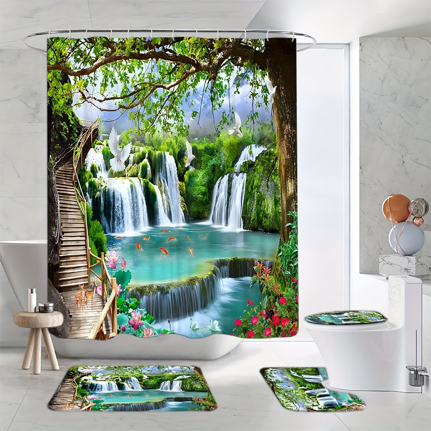 

4pcs Forest Waterfall Pattern Shower Curtain Set, Shower Curtain With 12 Hooks, Non-slip Bath Mat, U-shaped Toilet Mat, Toilet Mat, Bathroom Accessories