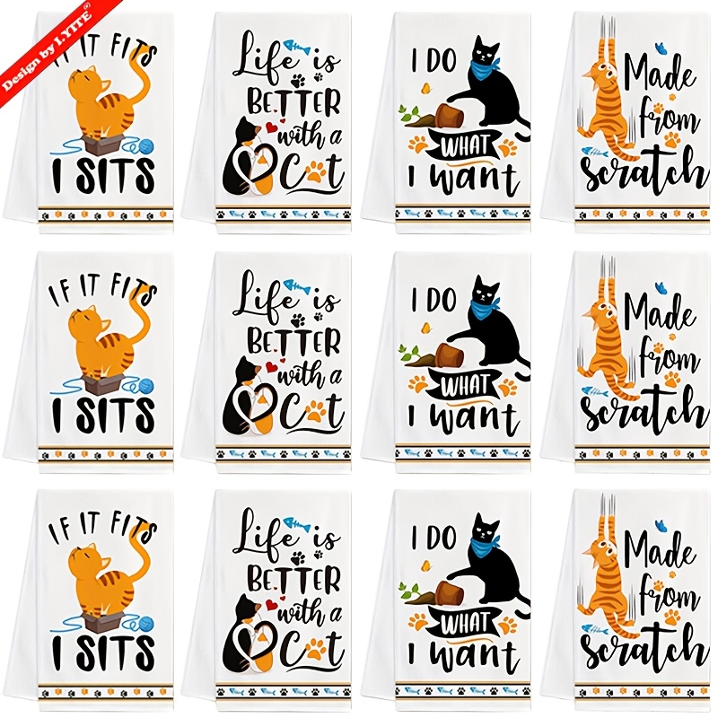 TEMU 12pcs Set Funny Kitchen Towels, Adorable Cat-themed Dishcloths, 16x24in Microfiber Hand Towels, Absorbent, Soft And Absorbent, Quick Drying, For