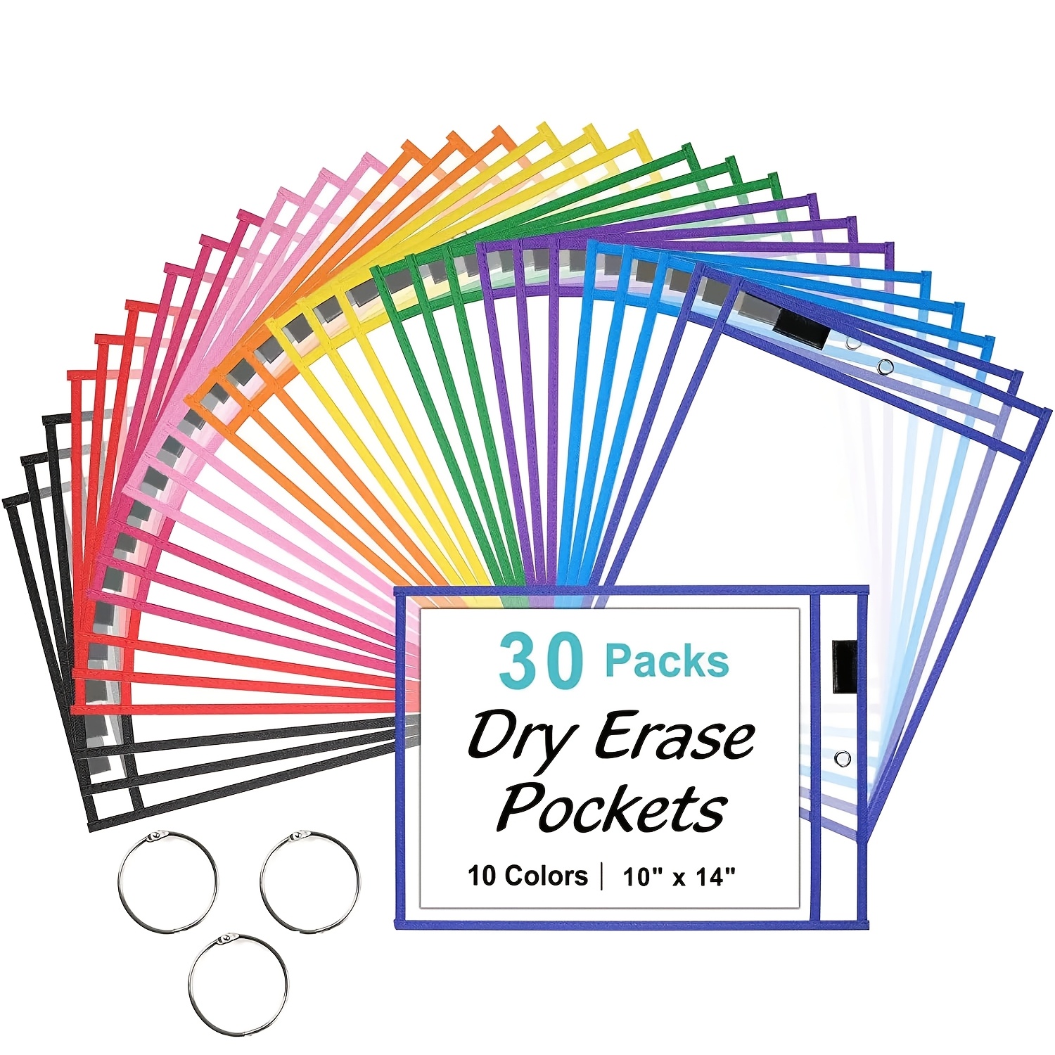 TEMU 30-pack Reusable Dry Erase Pockets, A4 Clear Sheet Protectors With 2 Rings For Office