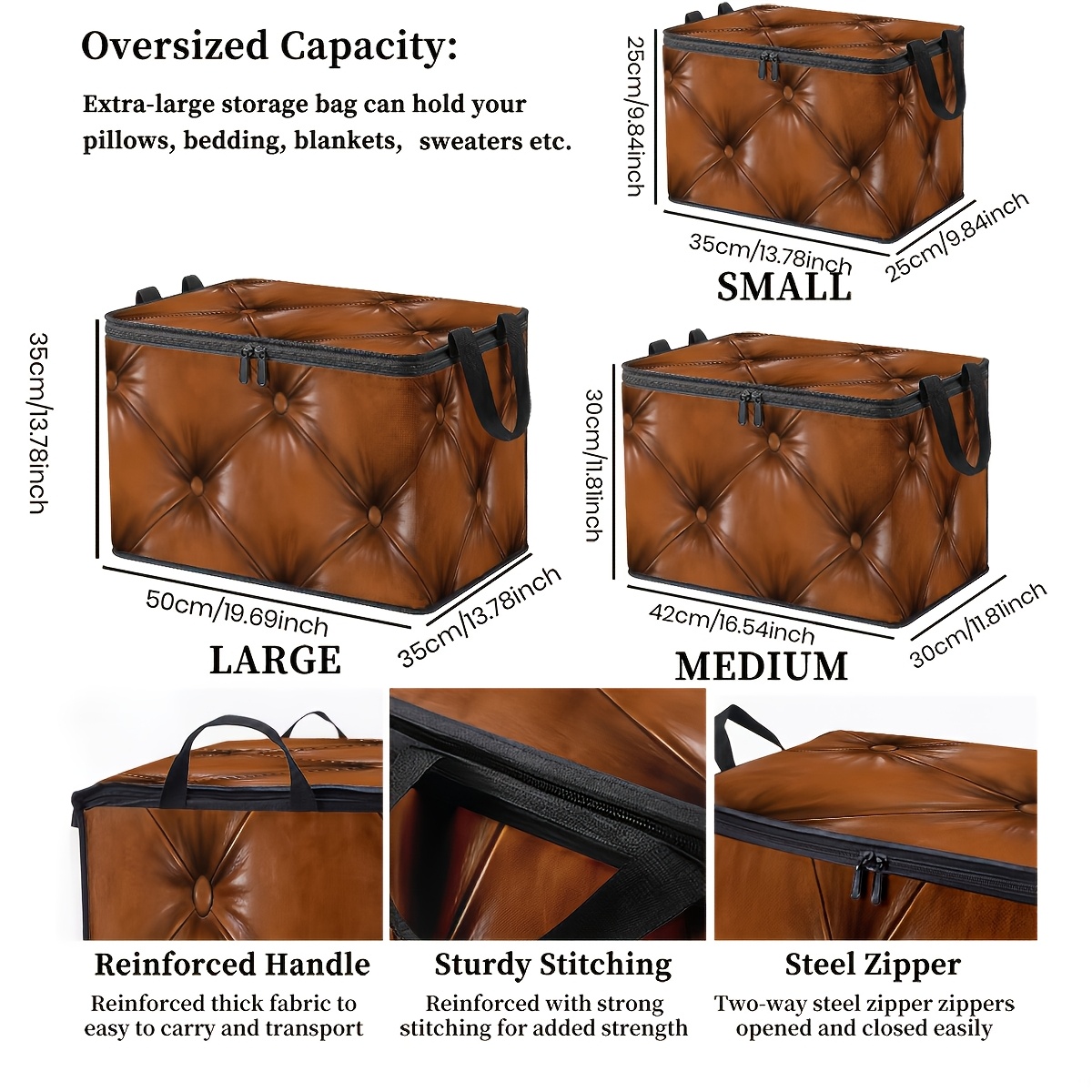 TEMU 1pc - Large Capacity Storage Box, Light Brown Faux Leather With Printed Pattern, Secure And Durable Zipper, Portable And Foldable Design,